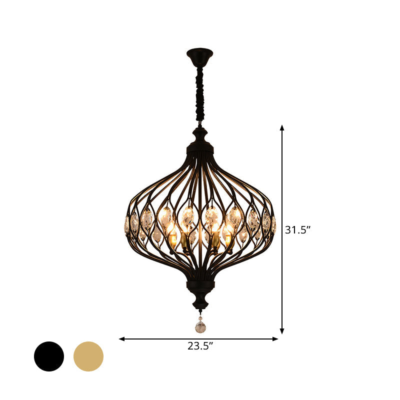 Contemporary Black/Gold Lantern Chandelier With Crystal Encrusted Hanging Lamp Kit - 4/6 Lights