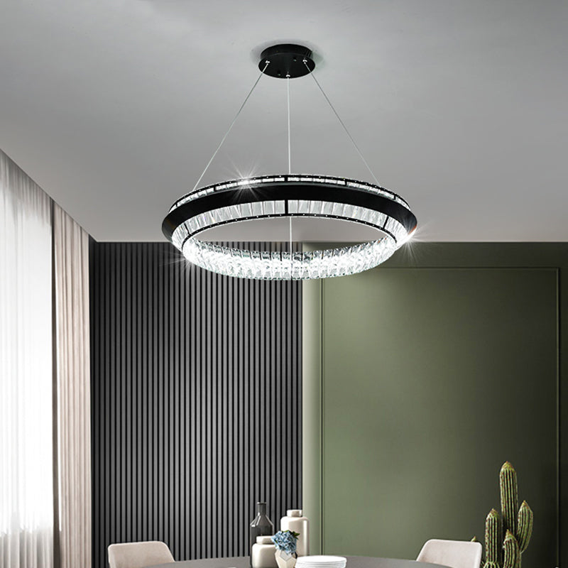 Rectangle-Cut Crystal Led Ring Chandelier In Contemporary Black