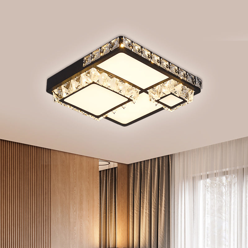Modern Led Crystal Flush Mount Ceiling Light - Black Square/Round Design