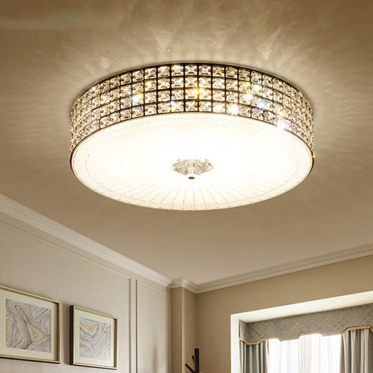 Modern Led Flush Mount Lamp With Clear Crystal Drum Shade - 16/19.5 Width Bedchamber Ceiling Light