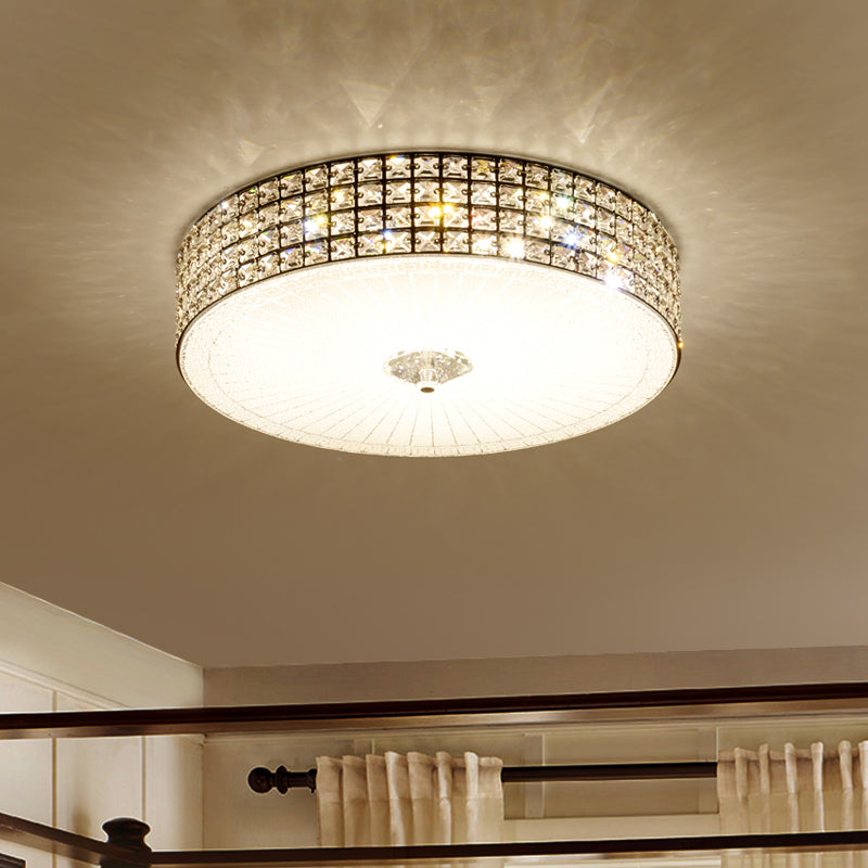 Modern Led Flush Mount Lamp With Clear Crystal Drum Shade - 16’/19.5’ Width Bedchamber Ceiling