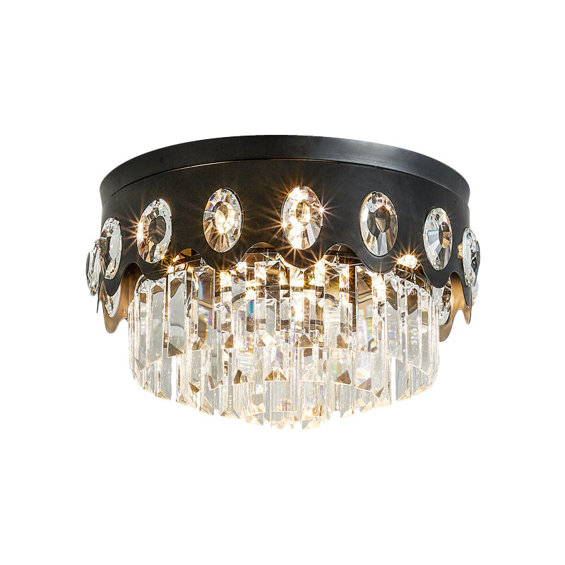 Contemporary Black Tiered Crystal Flush Ceiling Light - Great Room Mount Lamp