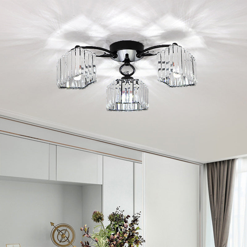 Modern Semi Flush Mount With Clear Crystals And Sleek Black Finish - 3/6 Heads Trapezoid Design