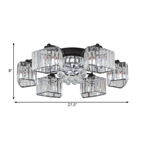 Modern Semi Flush Mount With Clear Crystals And Sleek Black Finish - 3/6 Heads Trapezoid Design