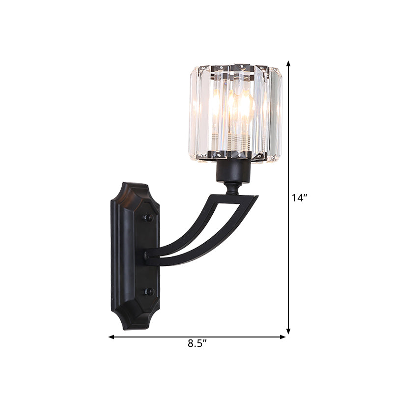 Traditional Cylinder Crystal Wall Sconce In Black Elegant Bedroom Mount Light Fixture