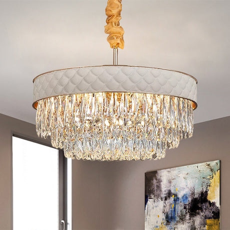 Contemporary Crystal Raindrops Drum Ceiling Chandelier - White 9/15 Heads 19.5/23.5 Wide / 19.5