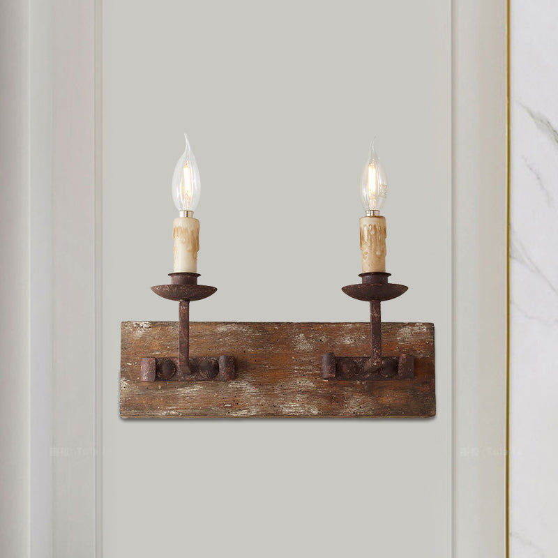 Rustic Candelabra Wall Light Fixture - 1/2/3-Bulb Metallic Lamp In Brown With Wood Backplate 2 /