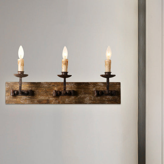 Rustic Candelabra Wall Light Fixture - 1/2/3-Bulb Metallic Lamp In Brown With Wood Backplate 3 /