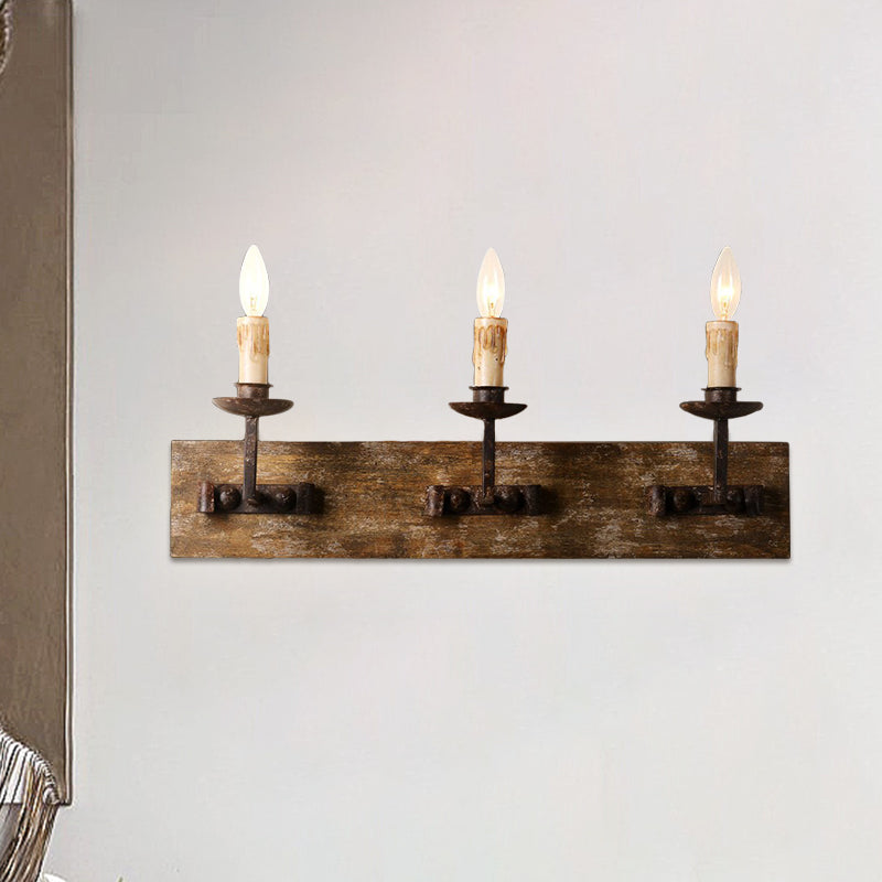 Rustic Candelabra Wall Light Fixture - 1/2/3-Bulb Metallic Lamp In Brown With Wood Backplate