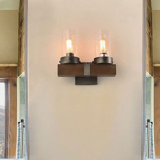 Countryside Cylindrical Wall Sconce Light - Clear Glass Lamp Fixture In Brown