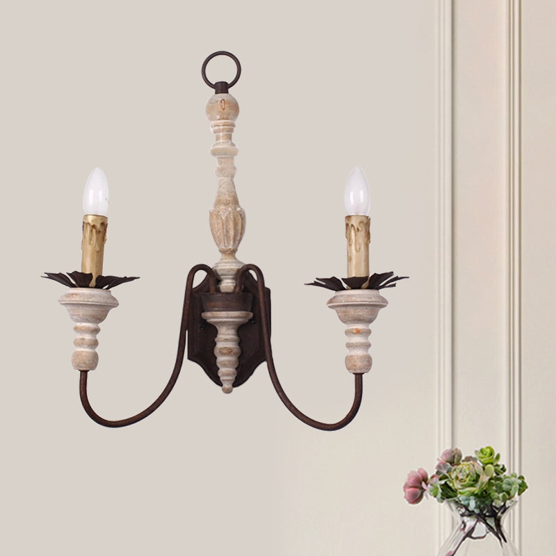 Country Style Rust Metal Wall Light Fixture With Curved Arms - 2 Bulb Indoor Candle Lamp