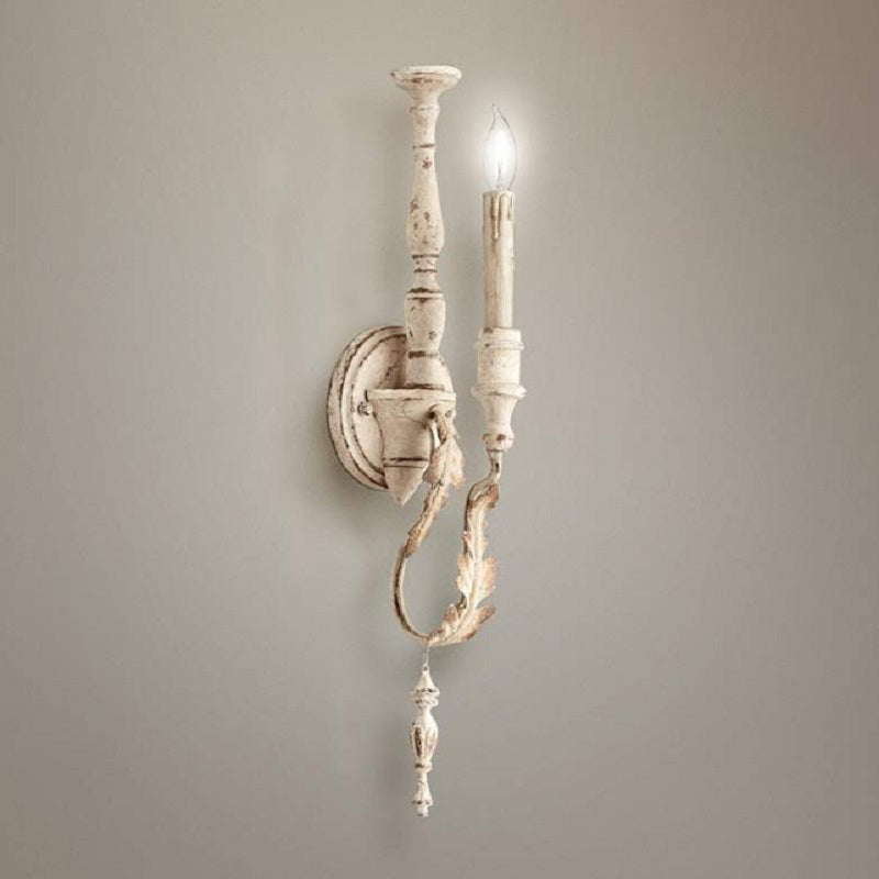 Rustic White/Brown 1-Light Candle Wall Fixture - Metallic Mounted Lamp