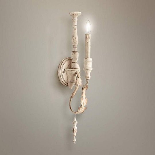 Rustic White/Brown 1-Light Candle Wall Fixture - Metallic Mounted Lamp
