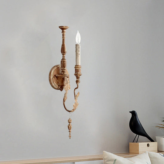 Rustic White/Brown 1-Light Candle Wall Fixture - Metallic Mounted Lamp