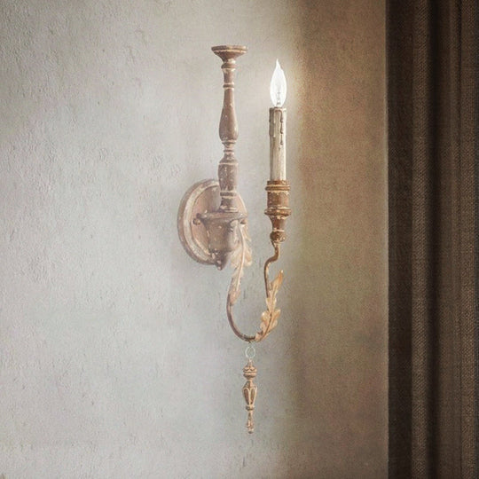 Rustic White/Brown 1-Light Candle Wall Fixture - Metallic Mounted Lamp