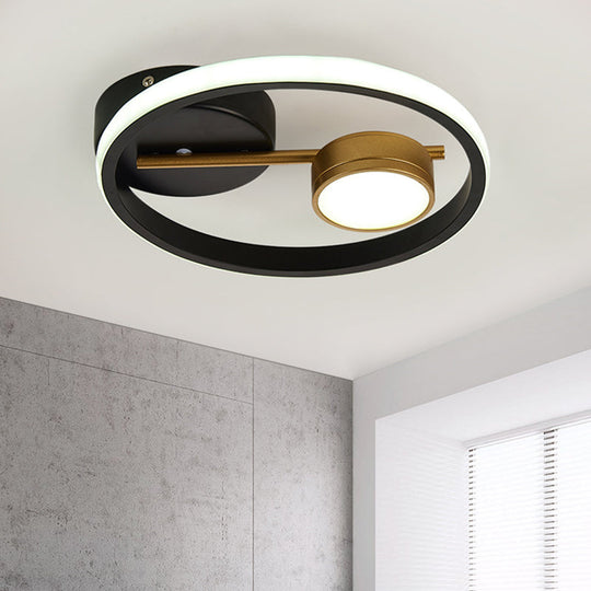 Contemporary Led Flush Light: Round Ceiling Mounted Metal; Black & White Or Gold; Warm Light Black