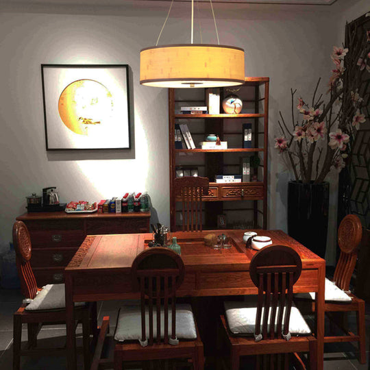 Modern Bamboo Pendant Light With Drum Shade - Handcrafted Wood Ceiling Lamp