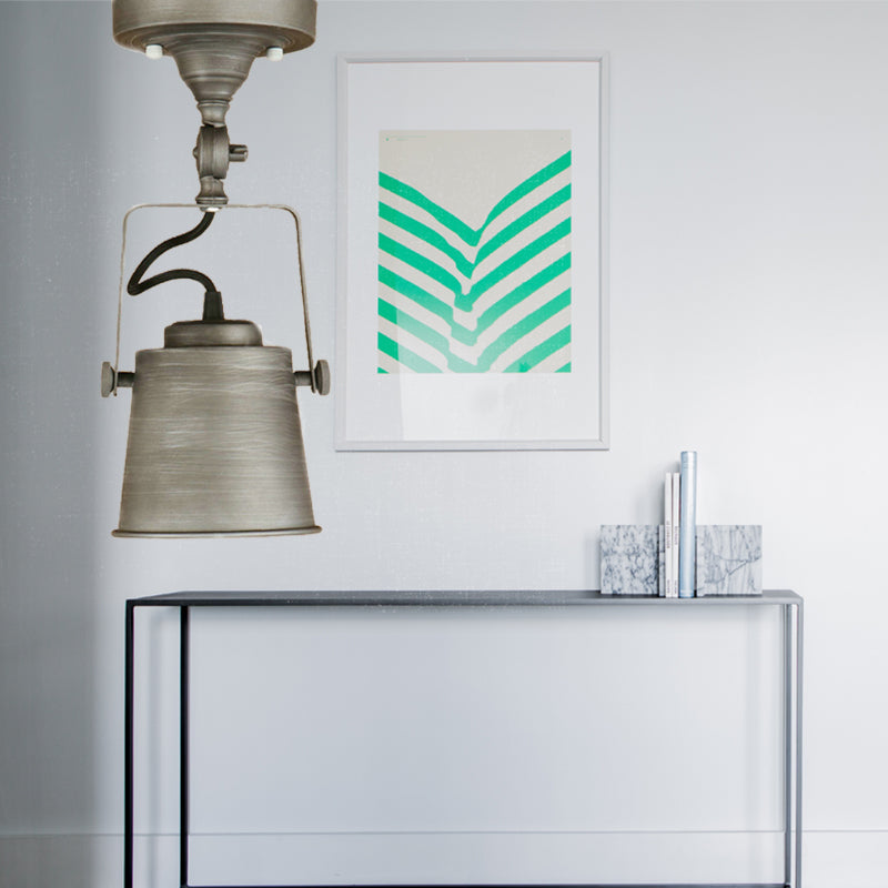 Antique Metal Bucket Shade Ceiling Lamp - Rotatable Semi Flush Pendant Light For Living Rooms 1