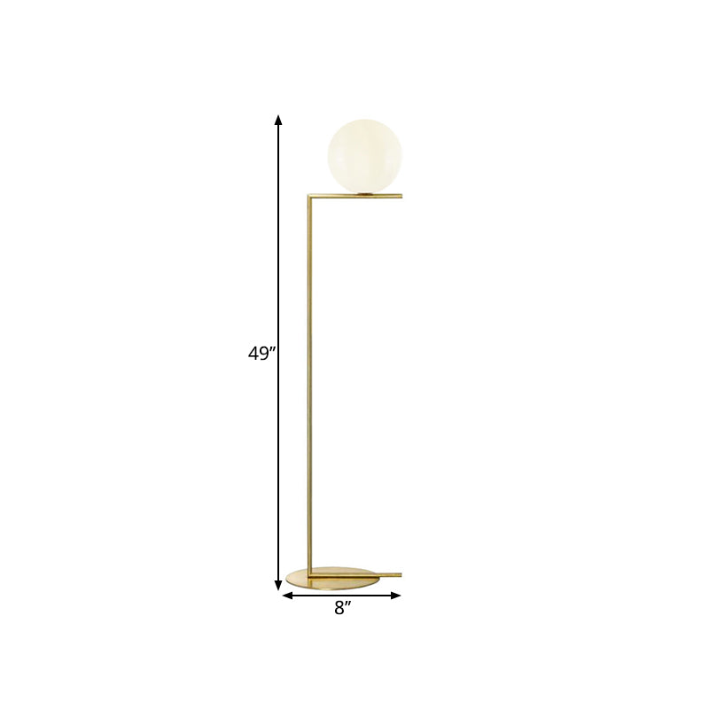 Minimalist Gold Orb Floor Lamp With Frosted Glass Shade And Right Angle Stand