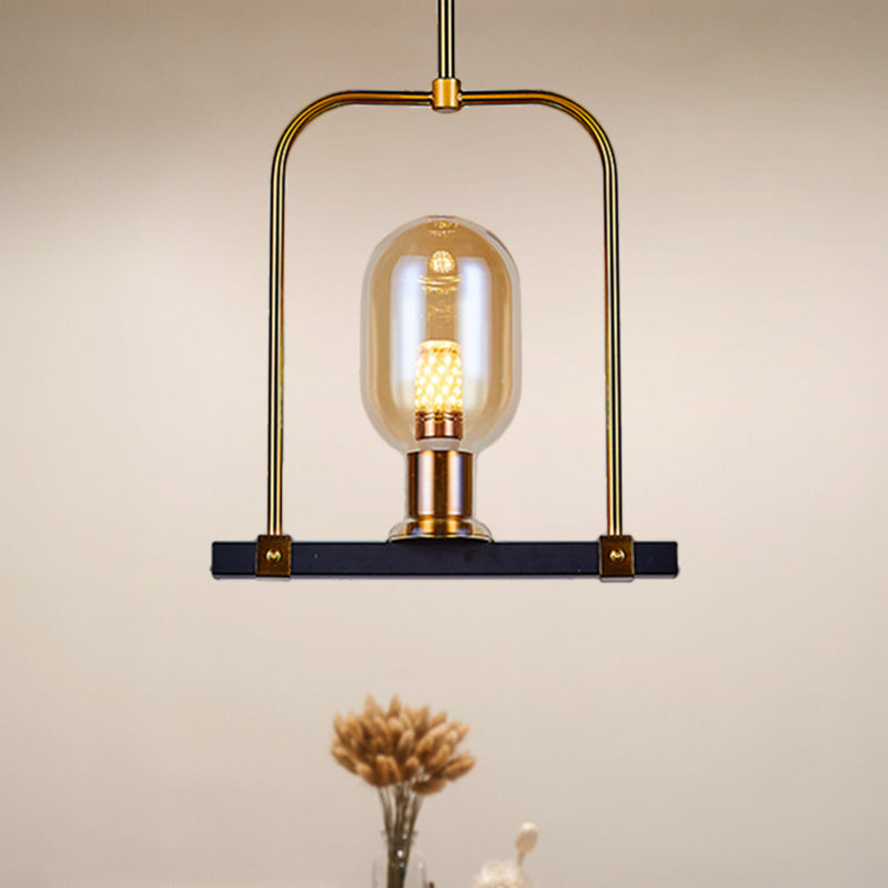 Amber Glass Bird Cage Pendant Light - Post Modern Oval Shape Single Bulb Black-Gold Hanging Kit