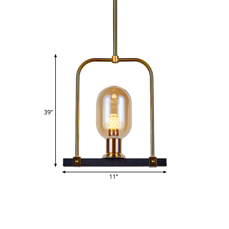 Modern Amber Glass Pendant Light With Bird Cage Design - Oval Shape Single Bulb Black/Gold