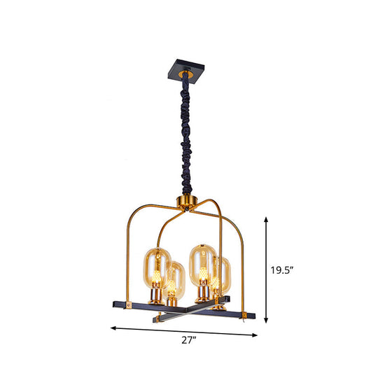 Minimalist Black-Gold Oval Hanging Ceiling Chandelier With Amber Glass And Metal Frame – 4 Head