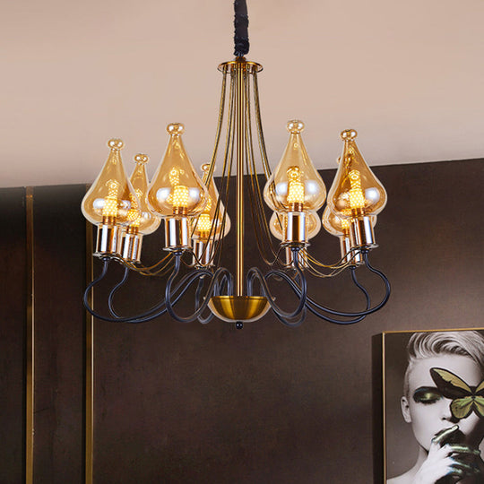 Modern Black-Gold Teardrop Chandelier With Amber Glass - 5/8 Lights Perfect For Dining Room