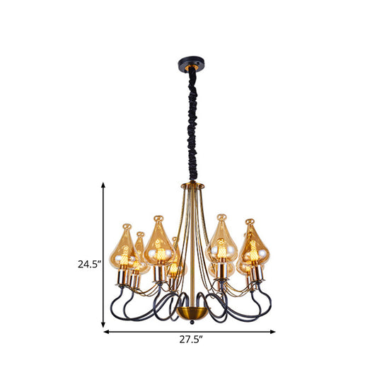 Modern Black-Gold Teardrop Chandelier With Amber Glass - 5/8 Lights Perfect For Dining Room