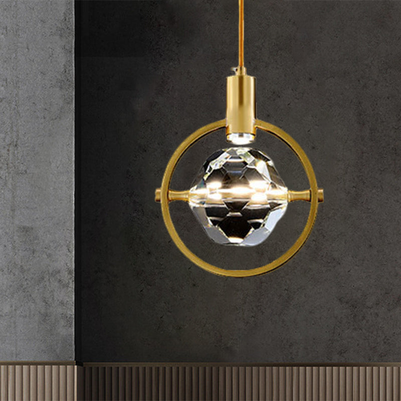 Contemporary Led Gold Crystal Hanging Lamp Kit - Bedroom Annular Suspension Light