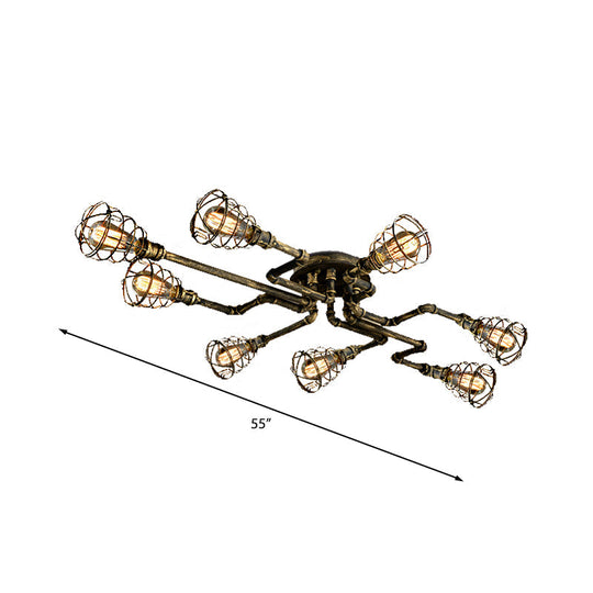 Antique Style 8-Light Bronze Twisted Pipe Ceiling Lamp With Cage Shade