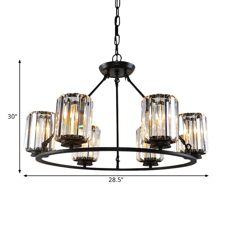 Modern Ring Crystal Chandelier With Clear Cylinder Shade - 6 Or 8 Bulbs Black Suspension Lamp