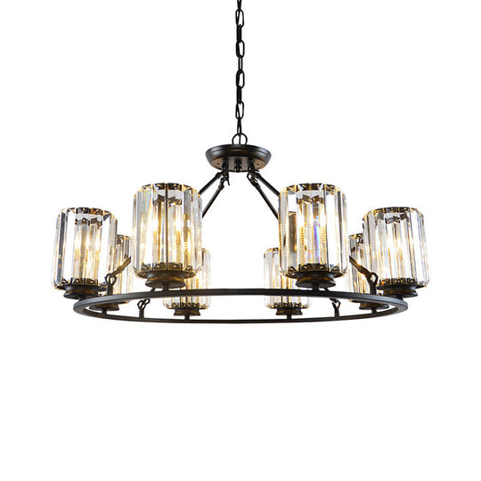 Modern Ring Crystal Chandelier With Clear Cylinder Shade - 6 Or 8 Bulbs Black Suspension Lamp