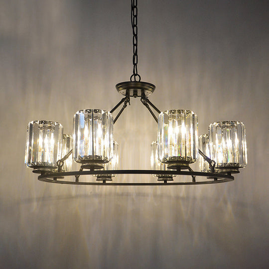 Modern Ring Crystal Chandelier With Clear Cylinder Shade - 6 Or 8 Bulbs Black Suspension Lamp