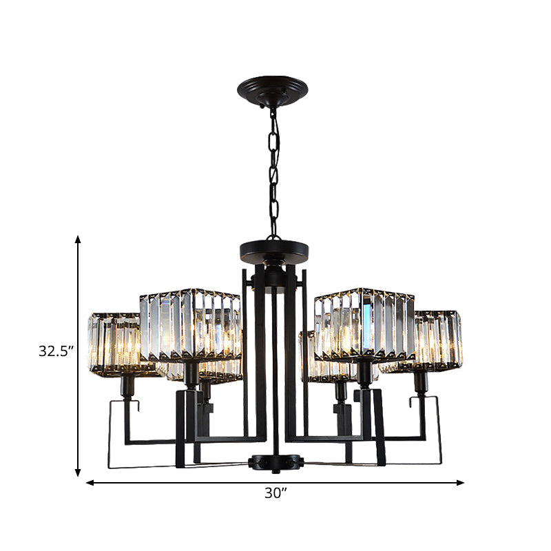 Modern Black Crystal Chandelier With Crooked Metal Frame - 6/8 Heads Clear Cubic Shades
