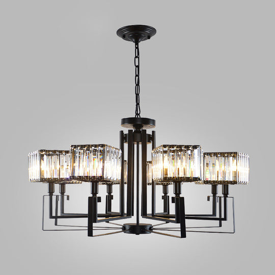Modern Black Crystal Chandelier With Crooked Metal Frame - 6/8 Heads Clear Cubic Shades