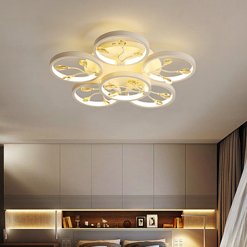 Contemporary Crystal Raindrops Semi Flush Light With Led Flower Design - Black/White Ceiling