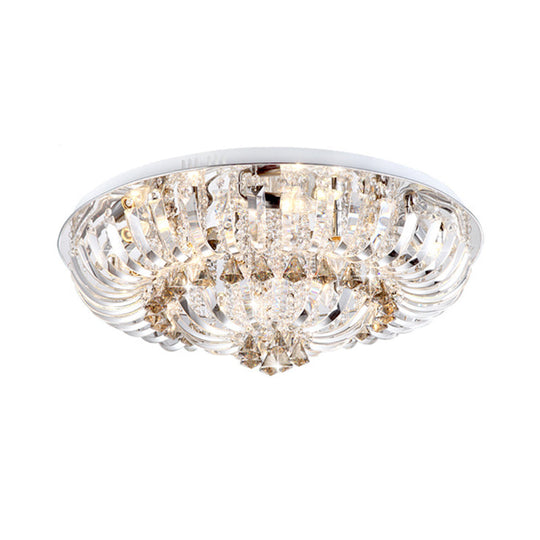 Modern Crystal Led Flush Mount Lamp With Clear Stands And Draping Bowl - White/Warm Light