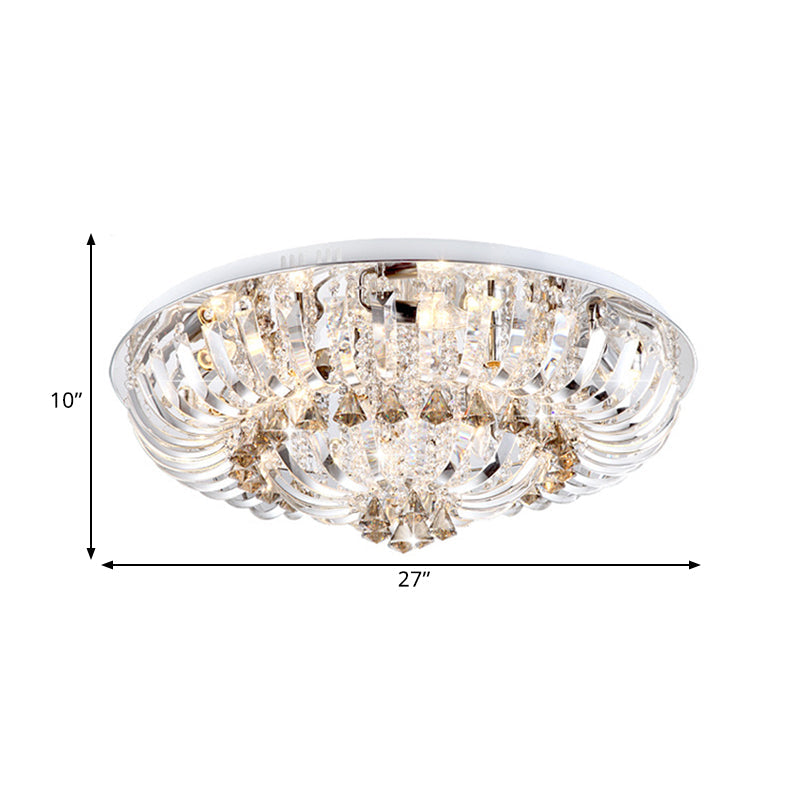 Modern Crystal Led Flush Mount Lamp With Clear Stands And Draping Bowl - White/Warm Light