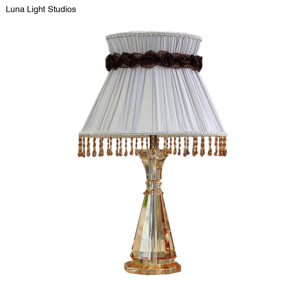 14/15 Wide Cone Fabric Night Light Bedroom Lamp In Grey With Crystal Accent For Traditional