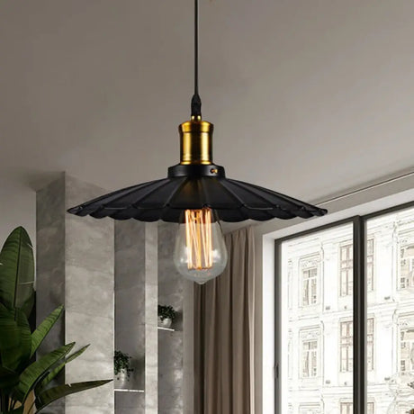14’/16’ Dia Industrial Scalloped Pendant Light 1 Head Metallic Ceiling Lamp In Black/White