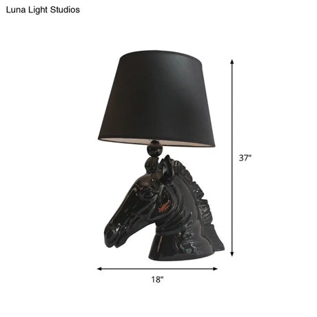 14/18 Wide Vintage 1-Light Table Lamp With Tapered Fabric Shade And Horse Head Base In Black