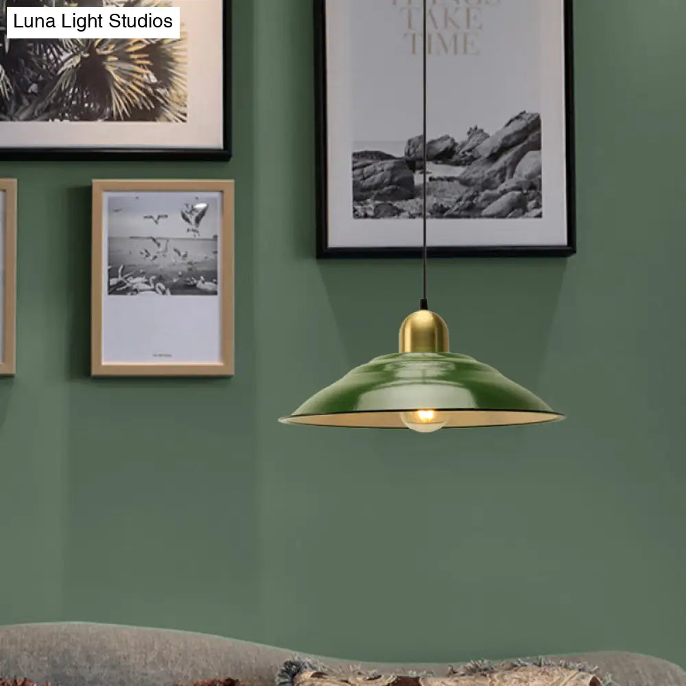 14.5/16 Inch Wide Cone/Barn Pendant Light - Loft Metal Accent Polished Green Ceiling Lamp