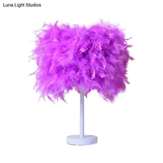 14 Modern Feather Cylinder Night Light - Pink/White/Purple Bedside Table Lamp
