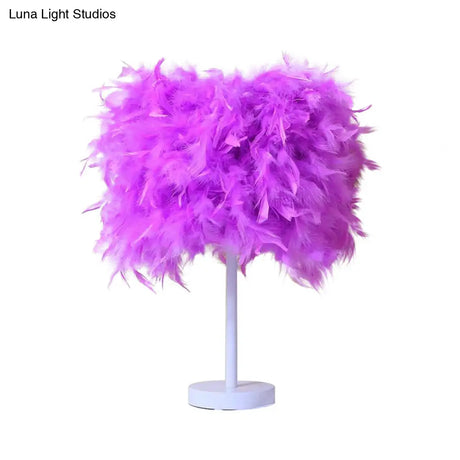 14 Modern Feather Cylinder Night Light - Pink/White/Purple Bedside Table Lamp