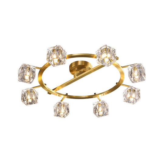Modern Gold Ring Semi - Flush Mount Ceiling Light With Clear Crystal Cube Shade - 6/8 Bulbs Great