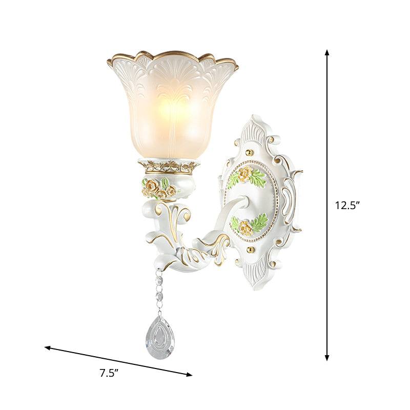 Vintage White Glass Bellflower Sconce With Crystal Drop - 1/2-Light Wall Mount Fixture