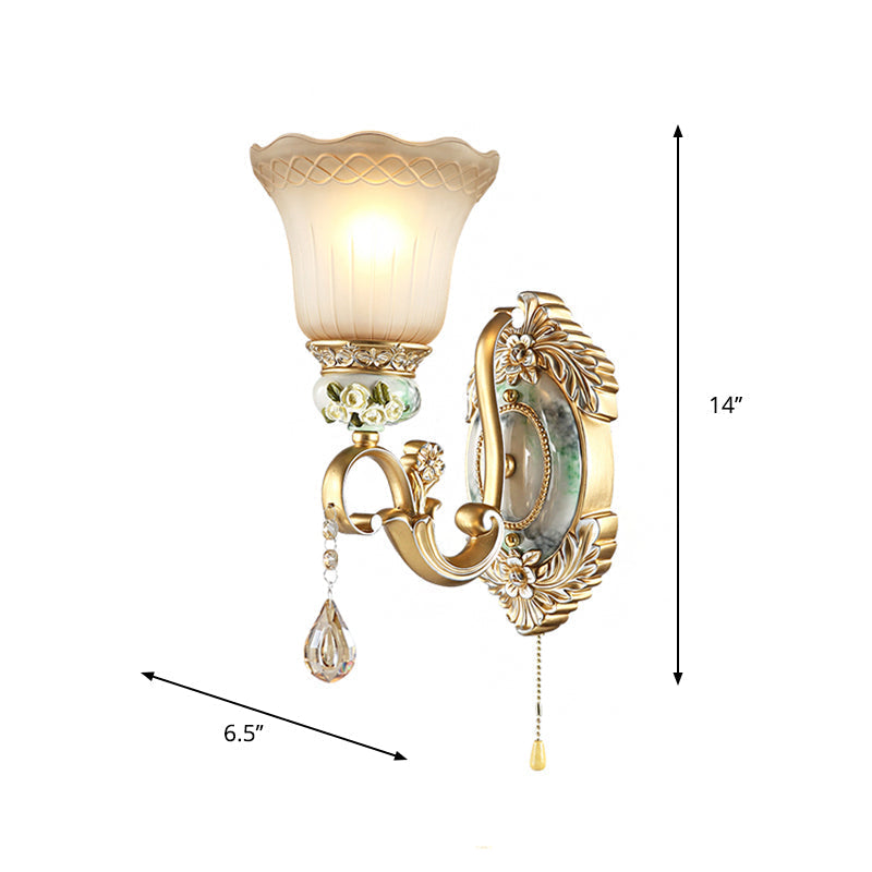 Traditional Gold Wall Sconce With Opal Glass Shade & Carved Rose Detail