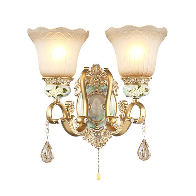 Traditional Gold Wall Sconce With Opal Glass Shade & Carved Rose Detail