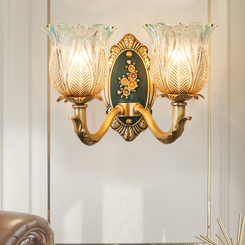 Golden Retro Flower Wall Sconce Fixture With Carved Glass - 1/2 Light Semi-Open Design