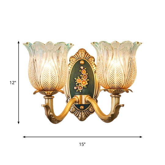 Golden Retro Flower Wall Sconce Fixture With Carved Glass - 1/2 Light Semi-Open Design